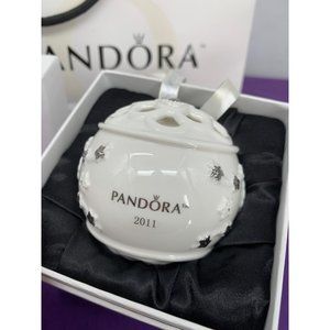 Pandora Christmas Ornament 2011 White Silver Accent Coloring Stain on ribbon bow